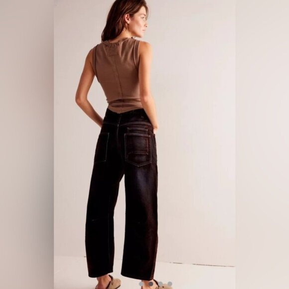 We the Free moxie flocked pull on barrel jeans with rope belt in dark brown • 28 - Picture 3 of 8
